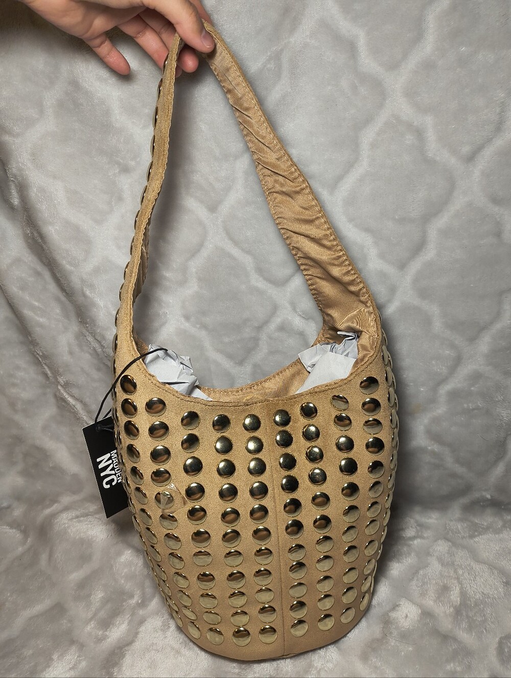 Madden NYC Women's Studded Bucket Shoulder Bag (Khaki) Brand NEW